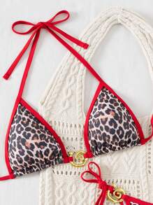SHEIN 2 Pieces Set Women's Summer Holiday Beach Random Animal Print Leopard Metallic Drawstring Halter Backless Top And Side Tie-Up Shorts Bikini Set