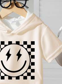 Young Boy Casual Minimalist Graphic Short Sleeve Hooded T-Shirt, Suitable For Summer