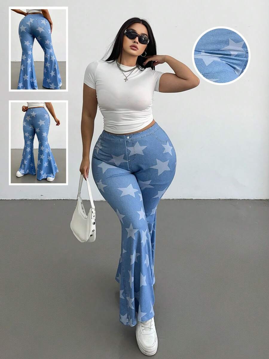 Flirla Plus Size Front Button Pocket Five-Pointed Star Print Simple Casual Pants, Everyday Wear - Multicolor - View 1