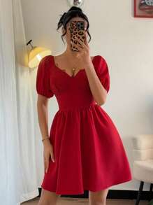 Calvaya Spring/Summer Regular Women Bubble Puff Sleeve Deep V-Neck Lace Wrap Bodice Elegant Sexy Party Dress, Short Red Cocktail Dress For Gala, New Year's Eve, Wedding