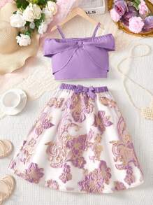 SHEIN Tween Girl Casual Elegant Solid Bow Shoulder Top And Floral Jacquard Mini Skirt 2 Pieces Set - Purple - View 3