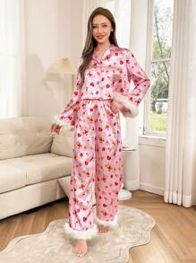 Dream Adore 2 piezas Pijama de mujer con estampado de oso de peluche y corazón lindo