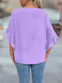 SHEIN Clasi Plus Size Hollow Collar Chain Decor Flared Sleeve Plain Shirt - Mauve Purple - View 2