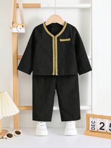 SHEIN 2pcs Set Baby Boy Casual Black With Luxury Gold Ribbon Long Sleeve Shirt And Elastic Waist Pants Set, Suitable For Birthday Party, Evening Party, Performance, Wedding, One-Month, Baptism And 1st Birthday Celebration - Black - View 7