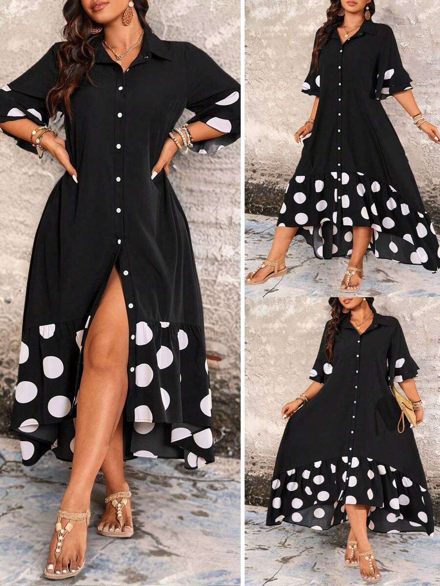 SHEIN Clasi Plus Size Summer Fashion Casual Contrast Polka Dot A-Line Long Dress, For Easter Wear - Black and White - View 1