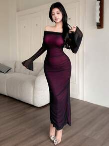 Feyla 女士优雅露肩网眼修身长裙 - 黑色 - 查看 5