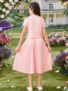 SHEIN 女童针织百合花印花上衣和百褶裙两件套，适合花园茶会、春季旅行、情人节女童、花童连衣裙 - 粉色 - 查看 2