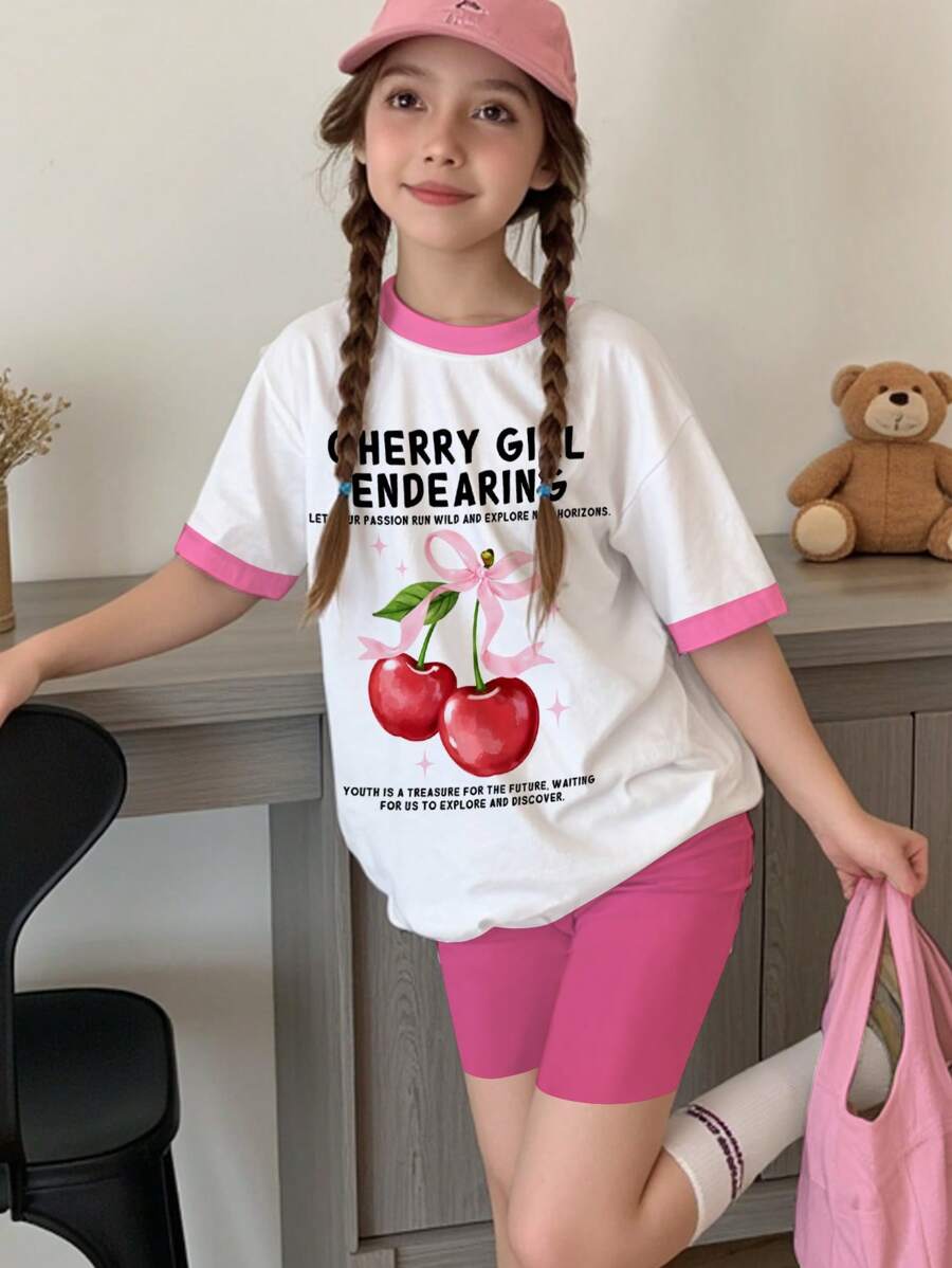 SHEIN Leap Crew 2 件可爱蝴蝶结和樱桃印花休闲少女短袖 T 恤和短裤套装，适合夏季 - 彩色 - 查看 1