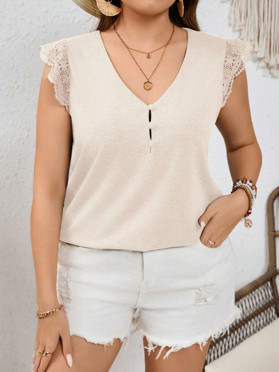 SHEIN Frenchy Camiseta de verano de manga corta con aplicación de encaje para mujer de tallas grandes