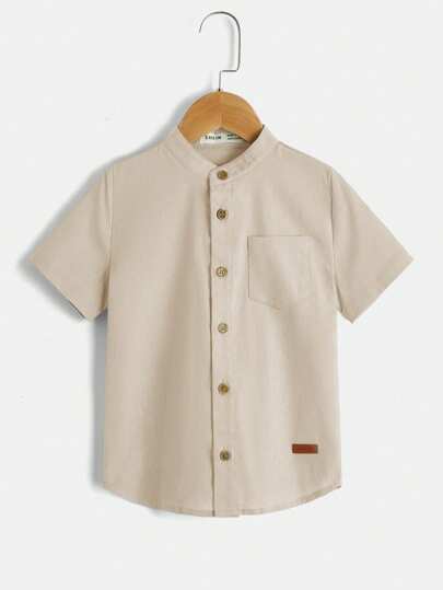 SHEIN 男童休閒舒適純色小立領襯衫