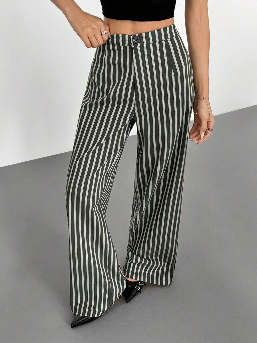 SHEIN EZwear Slimming Business Casual Woman Women Contrast Color Striped Low-Waisted Button Casual Trousers - Grey - View 1