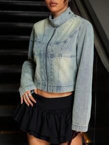 SHEIN ICON Chaqueta corta de mezclilla con cremallera y manga larga, estilo streetwear estadounidense para mujer - Azul - Ver 7