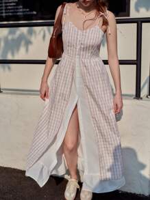 INAWLY Women's Casual Plaid Front Button Strap Dress, Vacation Style - Rust Brown - View 3