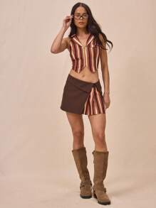 MUSERA Fold Over Waistband Layered Striped Pleated Miniskirt Only For Springs Summer