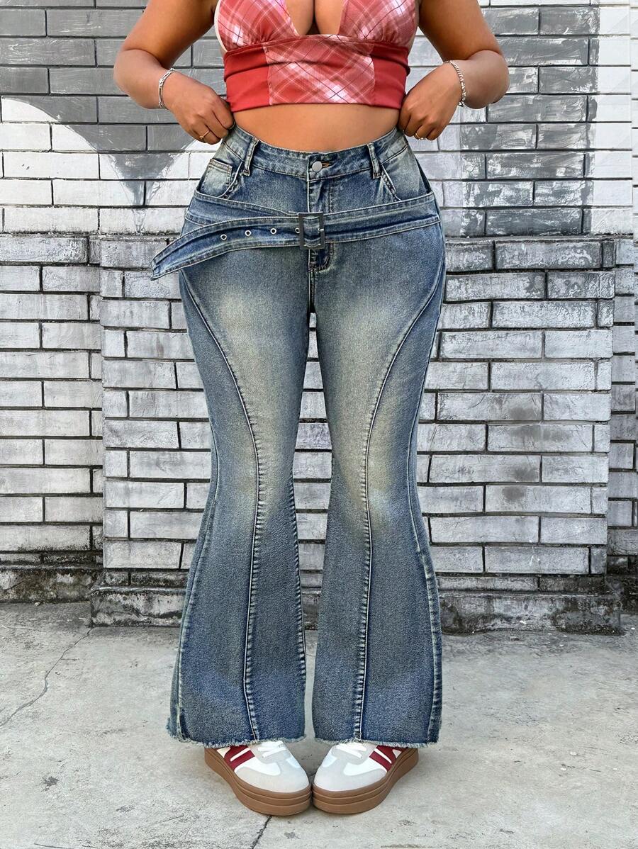 SHEIN ICON Plus Size Retro Waist Belt Slimming Skinny Denim Jeans - Blue - View 1