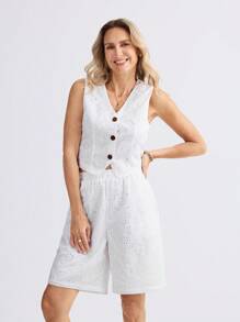 Miaspire 2 件套女士夏季度假白色刺绣编织面料无袖衬衫和短裤套装 - 白色 - 查看 7