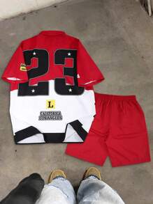 Manfinity EMRG Men Letter Print Zip Collar Short Sleeve Shirt And Shorts 2 Pieces Set - Multicolor - View 2