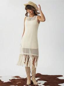 SHEIN LUNE Women's Crew Neck Sleeveless Lined Crochet Tassel Trim Long Vacation Casual Dress - Apricot - View 4