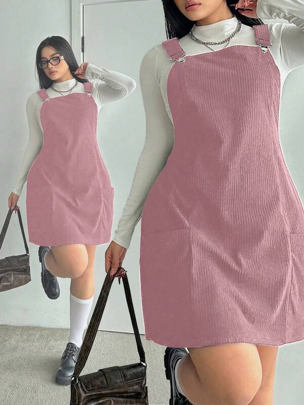 POPSWAY Plus Size Utility Pocket A-Line Pinafore Jumper Dress