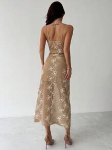 Firerie Vestido largo de verano/primavera, elegante, simple, delicado y romántico, con estampado floral, tejido a ganchillo, corte evasé y escote en V para mujer - Caqui - Ver 7