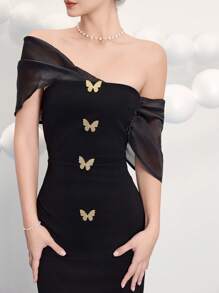 Poshira Women Black Knit Mixed Material Butterfly Gold Buttons Patchwork Metal Buckle Cocktail Dress, Wedding Guest Dress Music Festival Spring/Summer, Party Dress, Prom Dress - Black - View 7