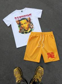 Manfinity LEGND Men's Crew Neck Graphic T-Shirt With Human Figure & Letter Print And Drawstring Printed Shorts Set - Multicolor - View 3