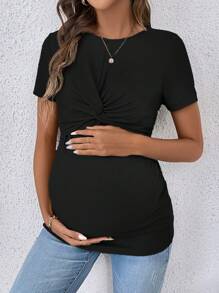 SHEIN Maternity Casual Crew Neck Slim Fit Maternity Nursing T-Shirt, Short Sleeve Black