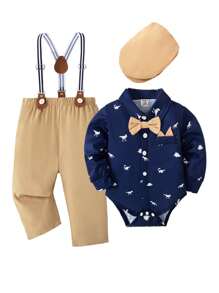 SHEIN 3 件套男婴卡通恐龙印花长袖连体衣，配有围兜裤和帽子，婚礼/婚礼宾客 - 彩色 - 查看 5