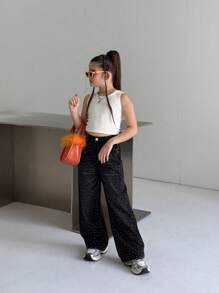 Tween Girls Fashion Rhinestone Starry Sky Washed Black Denim Jeans - Black - View 7