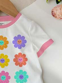 SHEIN Cute Cartoon Floral Print, Baby Girl Casual Simple Crew Neck Short Sleeve Top, Suitable For Summer - White - View 5