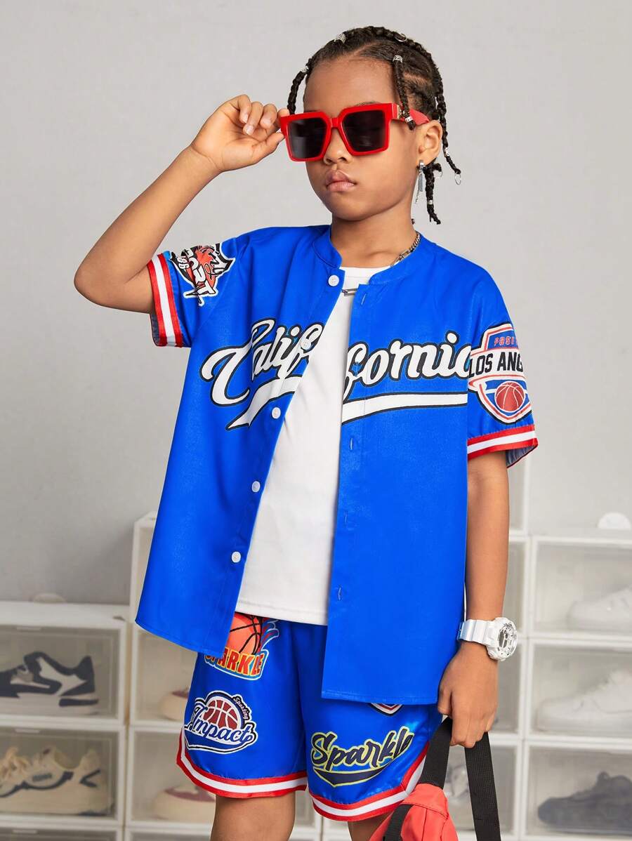 SHEIN SLAYR KIDS Tween Boys' Casual Streetwear Letter Print Short Sleeve Shirt And Shorts Set, Woven Fabric - Multicolor - View 1