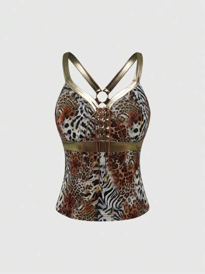 J-Fashion Top corto con estampado mixto de leopardo y dorado recubierto para mujer, estilo Y2K Harajuku