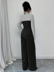 Selianne Casual Versatile Commuter Split Color Striped Jumpsuit With Button Placket, Autumn/Winter Fall Cloth For Women - Black - View 2