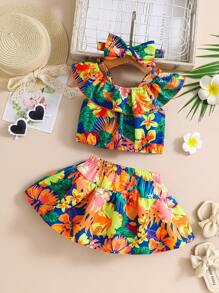 SHEIN Baby Girl Colorful Tropical Floral Print Off Shoulder Ruffle Top With Matching Skirt Pants Set, Suitable For Summer Vacation - Multicolor - View 2
