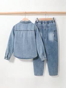 Tween Boy Boho Vintage Urban Street Light Wash Button Closure Denim Shirt And Baggy Cargo Jeans Denim Two Pieces Outfits