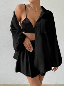 Chiquease 1 套女士法式休闲纯色衬衫和短裤 - 黑色 - 查看 8