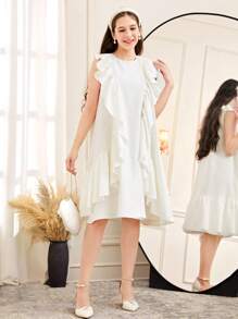 SHEIN Loose Casual Elegant Round Neck Ruffle Hem Mid-Length Dress For Teen Girls - White - View 6