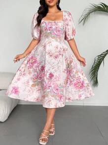Flirla Plus Size Elegant Floral Print Lantern Sleeve Dress - Multicolor - View 2