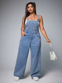 SHEIN ICON Plus Size Women Loose Casual Pocket Straight Leg Denim Jumpsuit - Blue - View 5