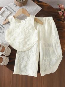 SHEIN Baby Girl Fashion Spring/Summer Sleeveless Top With Frame Embroidery And Wide-Leg Pants Set, Comfortable Fabric, High-End Fashion, Versatile For Casual Wear And Home - Beige - View 1
