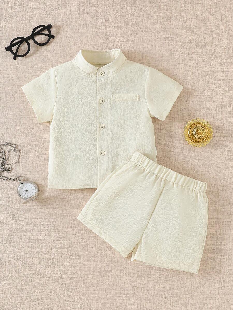 SHEIN 2 件套幼儿男童杏色短袖休闲衬衫和短裤套装，夏季 - 杏色 - 查看 1