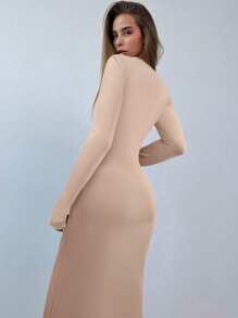 Aloruh Gaun Pesta Maxi Slim Fit Elegan Wanita dengan Potongan V Dalam, Hitam - Khaki - View 2