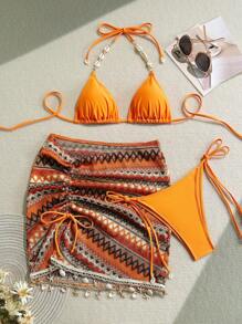 Swim EVENT Set Baju Renang Wanita 3 Potong: Atasan Segitiga Motif Retro, Celana Pendek Dekorasi Rantai Kerang, Rok Penutup yang Serasi - Ukuran Kerang Acak untuk Liburan Pantai Musim Panas - MultiWarna - View 3