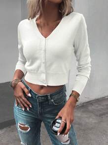 Pariaura 纯色前扣休闲长袖开衫，长袖上衣 - 白色 - 查看 6