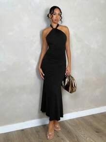SHEIN PETITE Custom-Designed For Petites. A Perfect Fit For The 150-160cm Build Women's Elegant Minimalist Solid Color Halter Backless Twist Bodycon Dress, Suitable For Daily Wear Party Dress For Ladies Women Elegant Dresses Women Evening Gown Woman Dress Women Dresses Prom New Arrivals Women Dress - Black - View 4