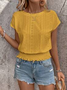 EMERY ROSE 圆领松紧腰，采用 3D 纹理材料制成 西方女装/波西米亚风/波西米亚风/节日女式 T 恤 - 芥末黃 - 查看 5