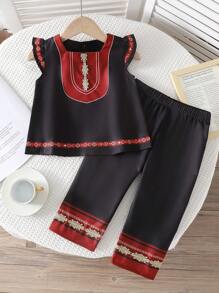 SHEIN Baby Girls' Sleeveless Apricot & Red Printed Top With Waist Tie And Pants Set, Summer - Black - View 1