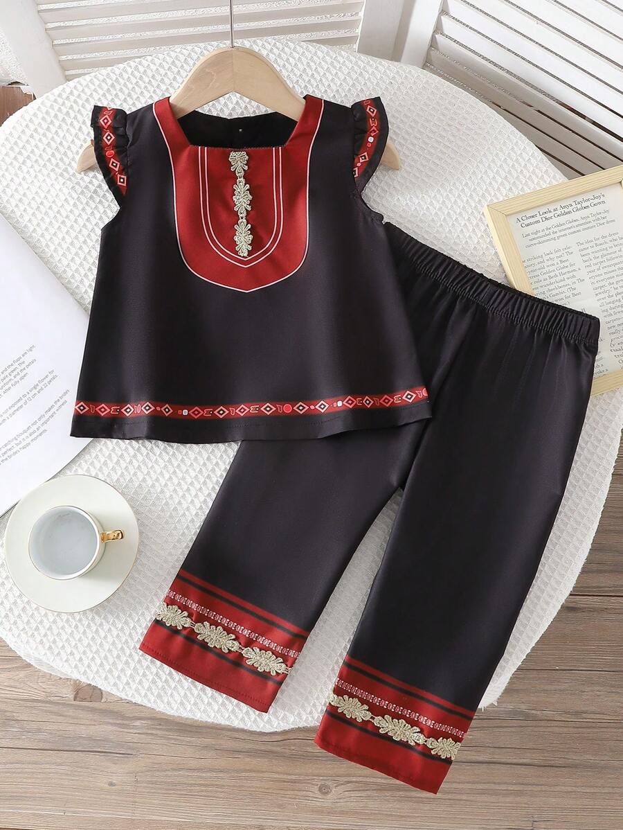 SHEIN Baby Girls' Sleeveless Apricot & Red Printed Top With Waist Tie And Pants Set, Summer - Black - View 1