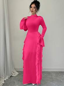 Firerie Women's Romantic Elegant High Neck Long Lantern Sleeve Ruffle Hem Dress - Pink - View 6