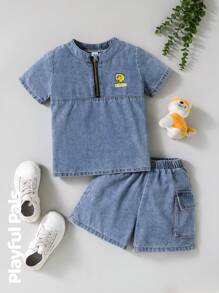 SHEIN Young Boy Dog Print Short Sleeve Top And Denim Shorts 2 Pieces Set - Dark Grey - View 1